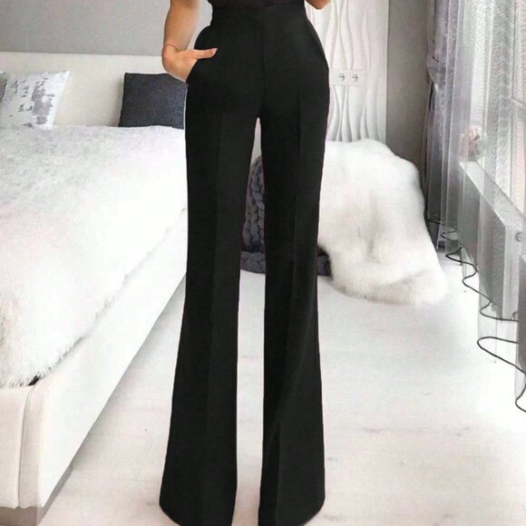 Black Elegant Women's High Waist Flared Pants - Picture 3 of 8
